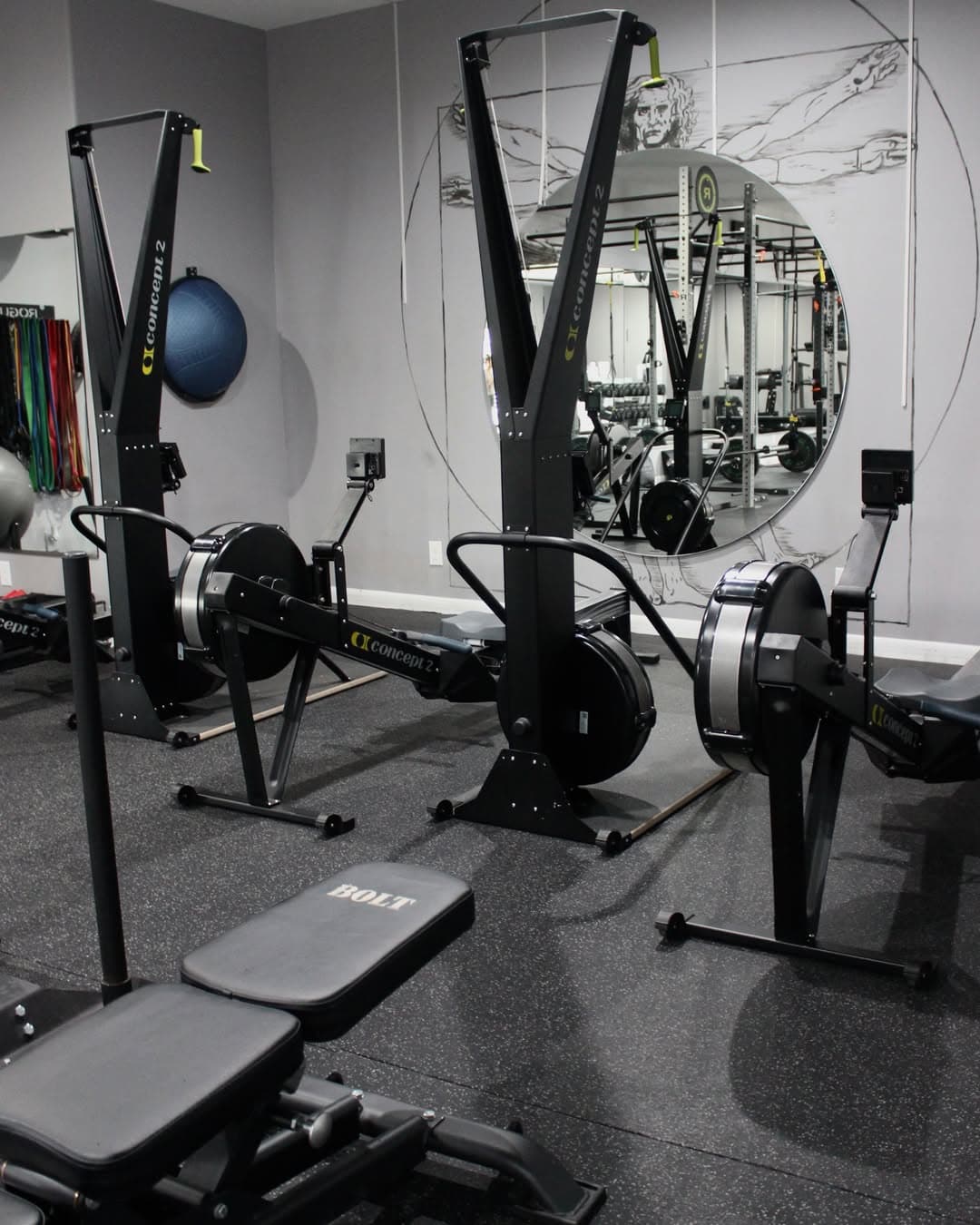 Rowers and ski ergs in the quiet corner of the studio by the Vitruvian mural